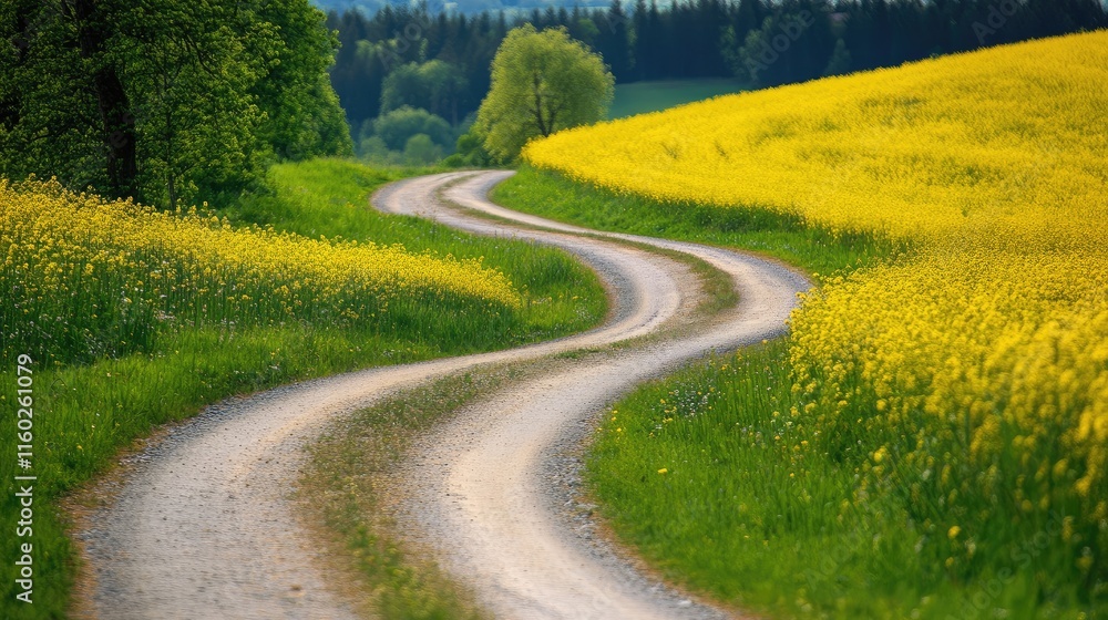 Naklejka premium Curved Country Road with Lush Yellow Fields and Green Trees Under a Clear Sky