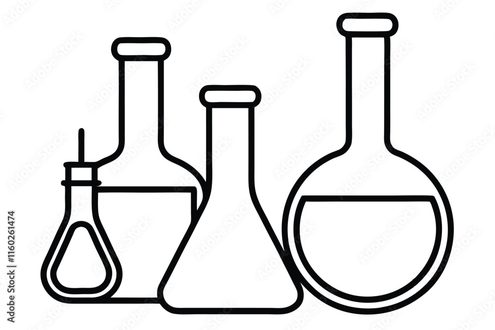 Set of chemical vessels and flasks with liquid, line art Vector illustration Set of chemical vessels and flasks with liquid, line art Vector illustration