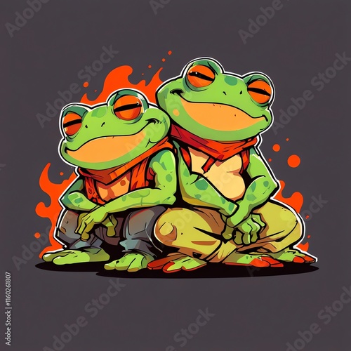 Two Cool Frogs in Orange Bandanas photo