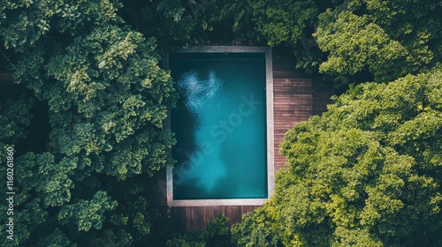 Serene aerial view of a secluded pool nestled within vibrant green foliage and trees