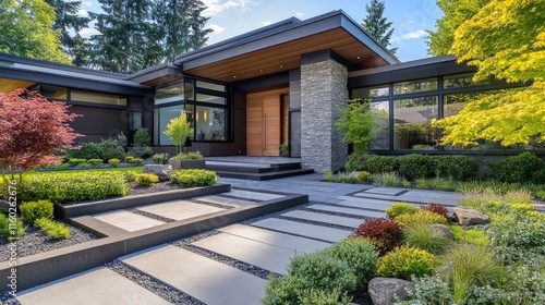 Elegant Modern Home Entrance Surrounded by Lush Minimalist Landscaping and Contemporary Design Elements
