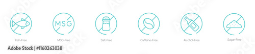 Fish-Free, MSG-Free, Salt-Free, Caffeine-Free, Alcohol-Free, and Sugar-Free Vector Icon Set for Healthy and Lifestyle Food Labeling