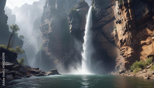 Dramatic waterfall plunging into misty canyon, canyon, waterscape