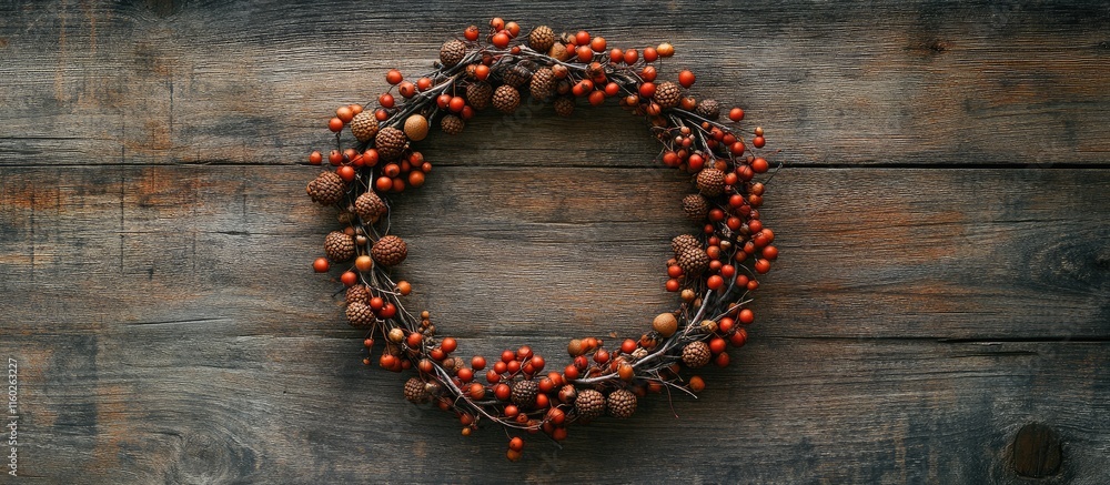 Wreath of Acorns and Berries on Wooden Background Autumn Decor with Blank Space for Text Celebrating Seasonal Harvests Wreath of Acorns and Berries on Wooden Background Autumn Decor with Blank Space for Text Celebrating Seasonal Harvests