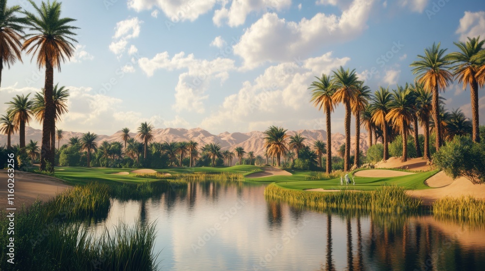 An adventurous golfing expedition on a desert oasis with palm trees and a shimmering oasis lake, Golf clubs positioned against desert sands and lush greenery, Oasis adventure style An adventurous golfing expedition on a desert oasis with palm trees and a shimmering oasis lake, Golf clubs positioned against desert sands and lush greenery, Oasis adventure style