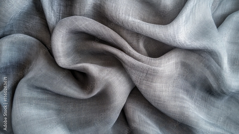 Fototapeta premium Soft gray crumpled fabric with light filtering through sheer curtains creating a serene atmosphere in an empty space by the window