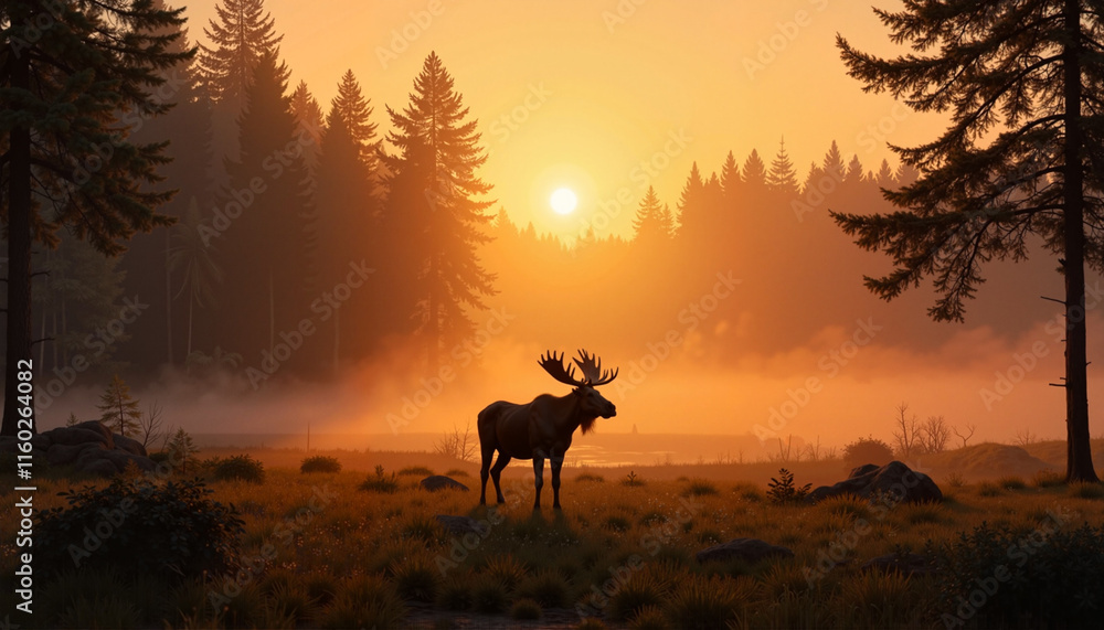 Moose standing in a misty forest at sunrise Moose standing in a misty forest at sunrise