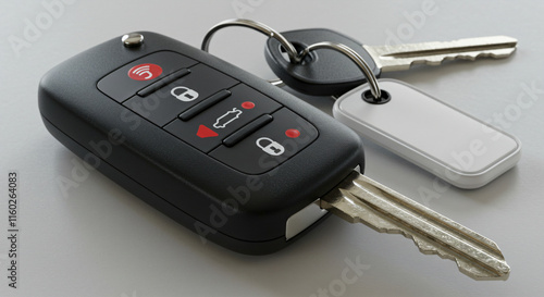 Car key fob with attached metal keys and a white tag resting on a light surface.