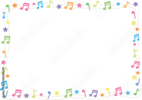 Frame with colorful music notes and stars. Vector illustration