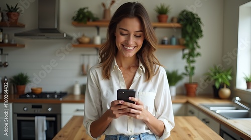 A woman playing with her cell phone in the kitchen 