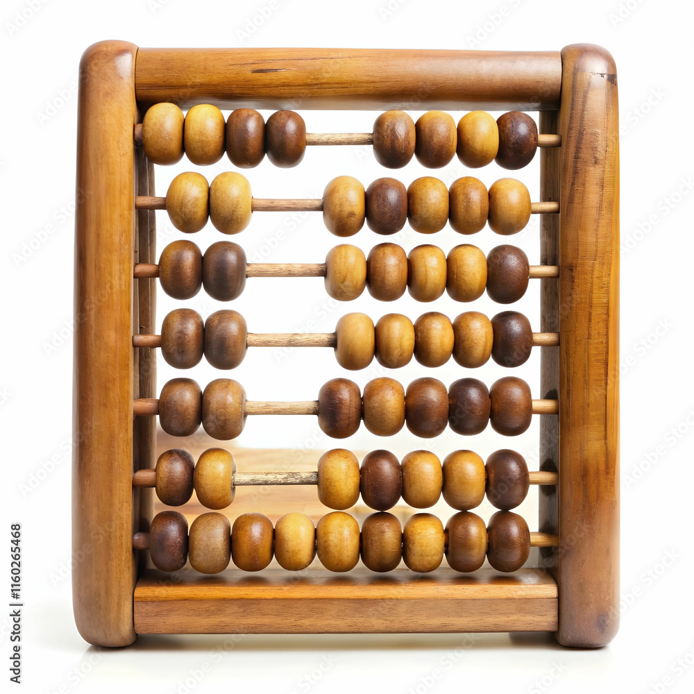 An old wooden abacus with colorful beads, set against a white background, ideal for historical, educational, An old wooden abacus with colorful beads, set against a white background, ideal for historical, educational,
