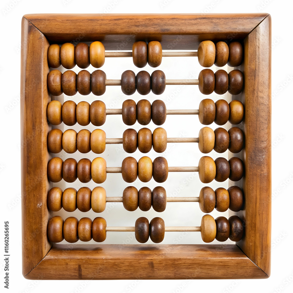 An old wooden abacus with colorful beads, set against a white background, ideal for historical, educational, An old wooden abacus with colorful beads, set against a white background, ideal for historical, educational,