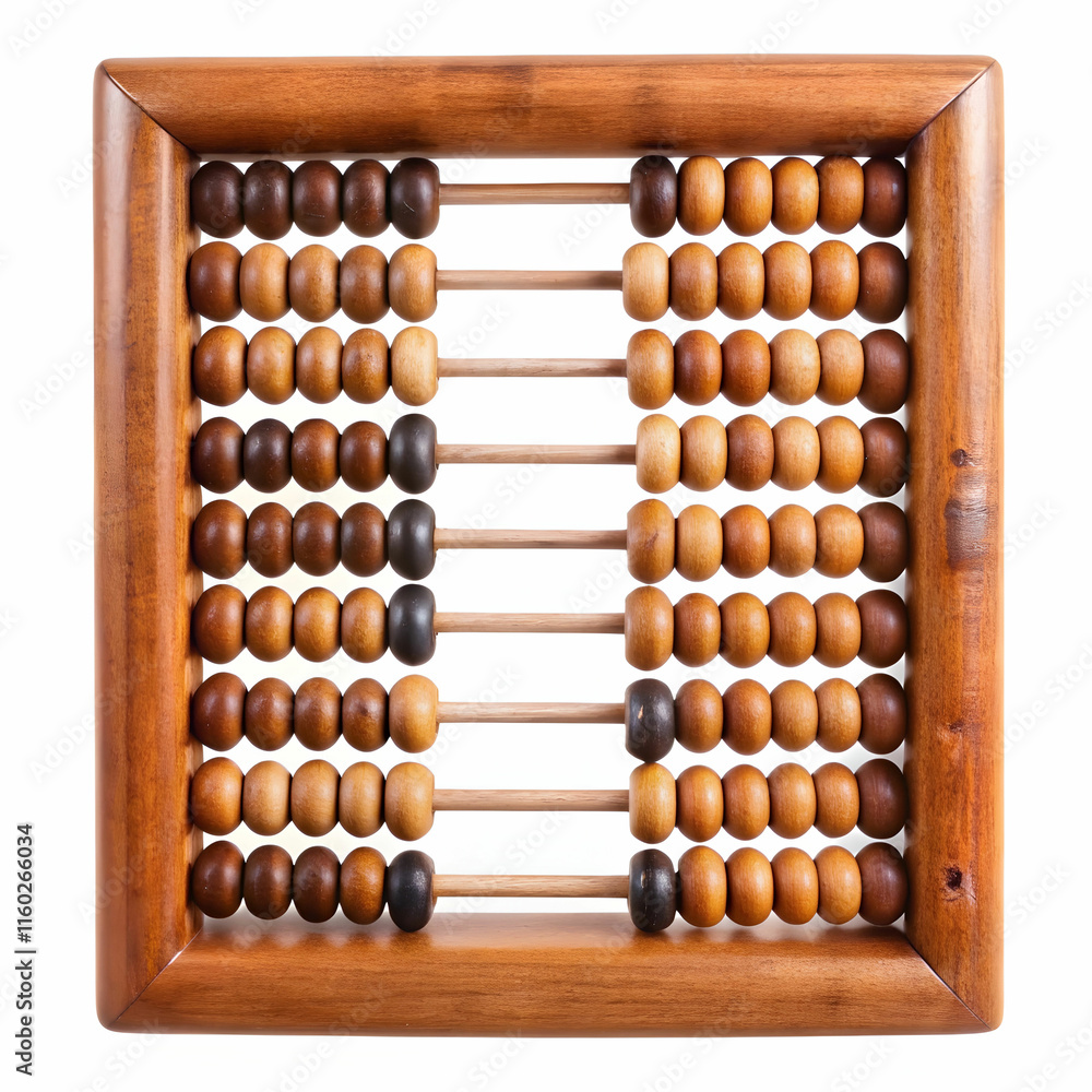 An old wooden abacus with colorful beads, set against a white background, ideal for historical, educational, An old wooden abacus with colorful beads, set against a white background, ideal for historical, educational,