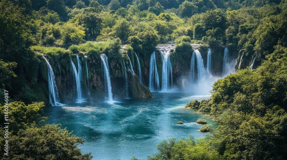 Obraz premium Majestic Waterfall Cascading Over Jagged Cliffs