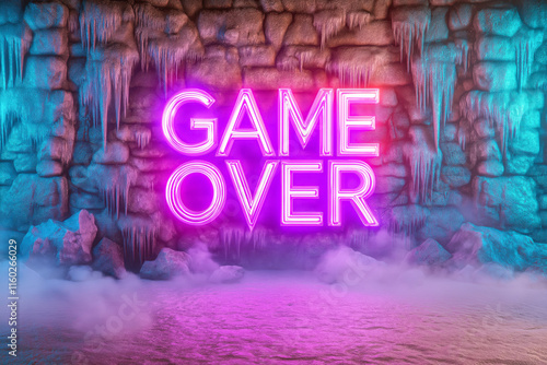 Bright neon game over sign on a frozen stone wall