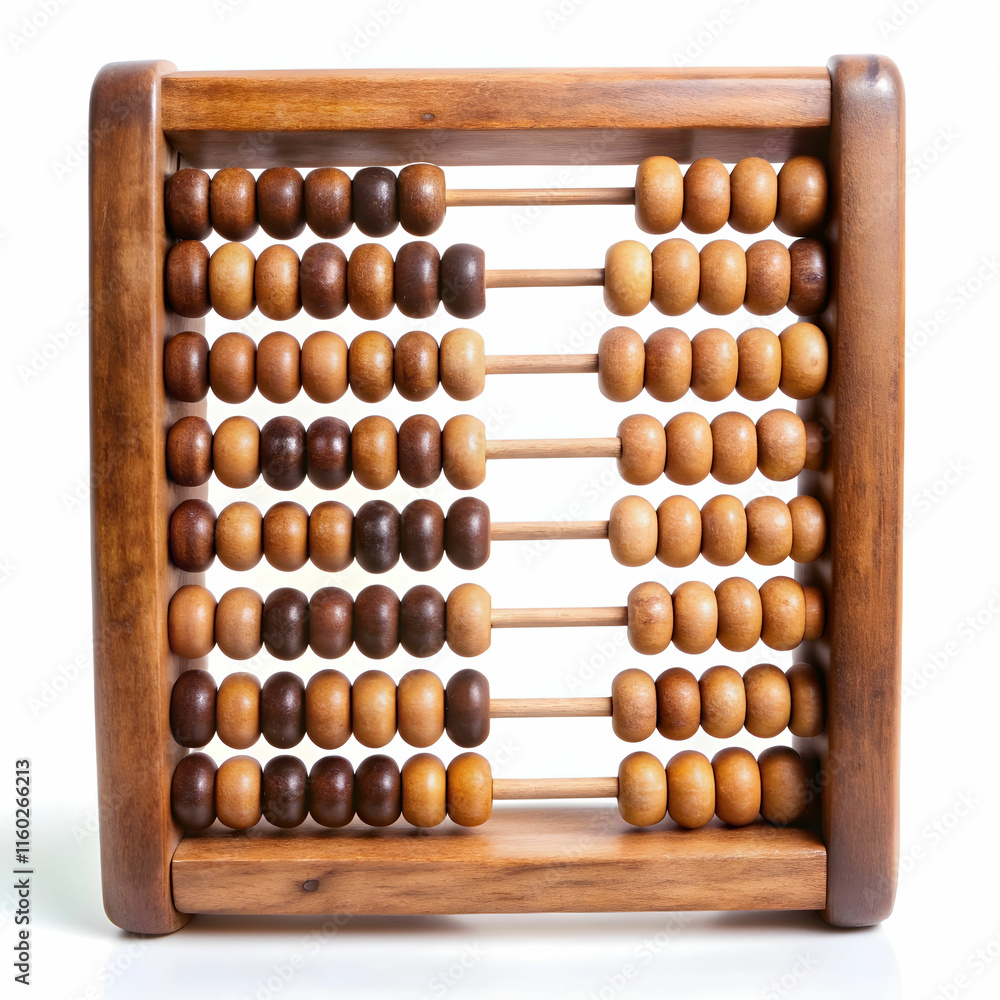An old wooden abacus with colorful beads, set against a white background, ideal for historical, educational, An old wooden abacus with colorful beads, set against a white background, ideal for historical, educational,