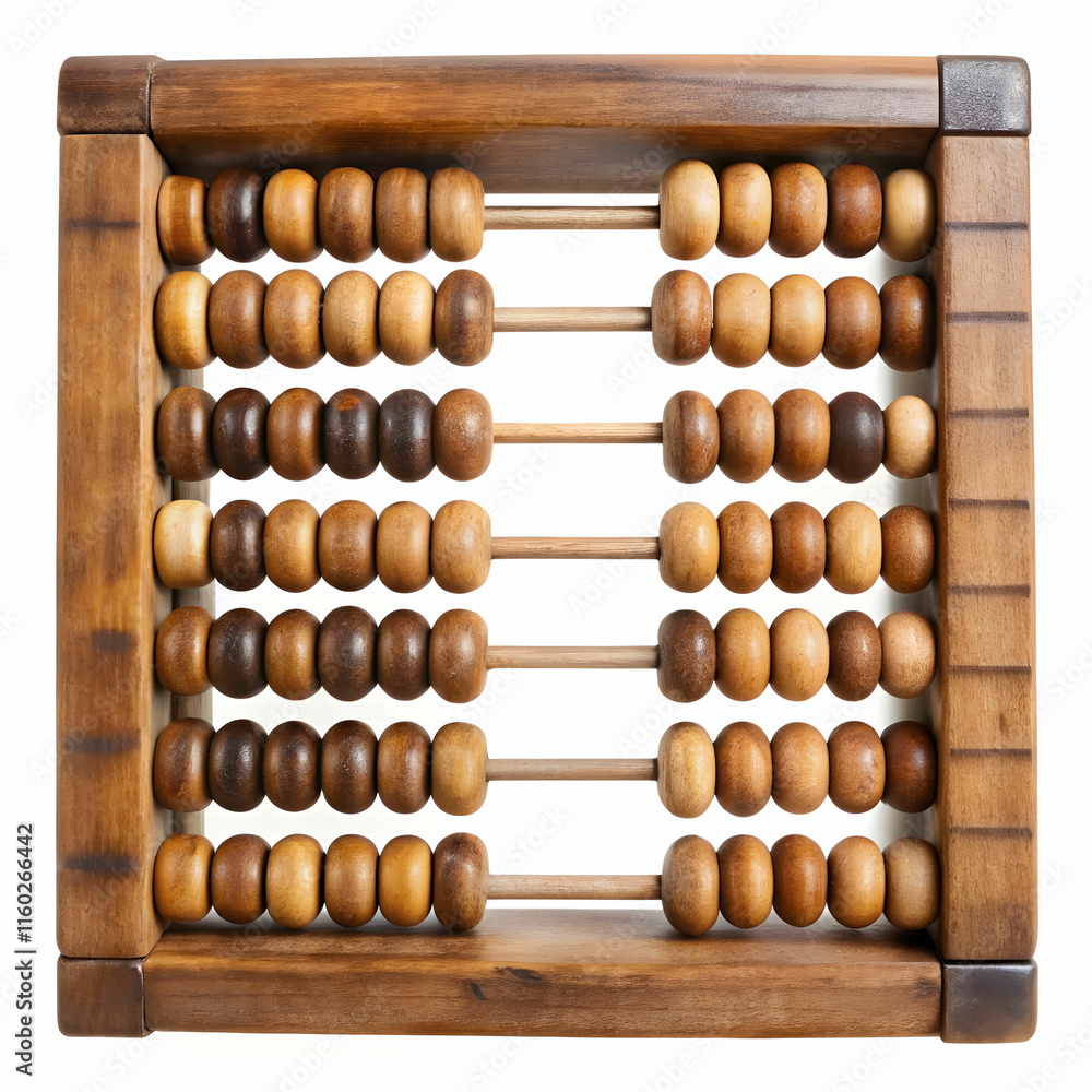 An old wooden abacus with colorful beads, set against a white background, ideal for historical, educational, An old wooden abacus with colorful beads, set against a white background, ideal for historical, educational,