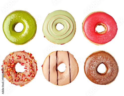 Top-down View of Decorated Donuts on Transparent Background