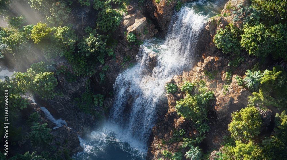 Aerial View of Serene Waterfall in Lush Greenery Aerial View of Serene Waterfall in Lush Greenery