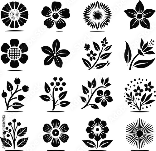 set of black and white flower icons