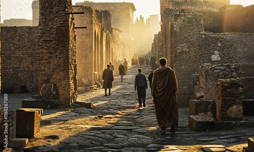 Figures walking through sunlit ancient Roman ruins, Pompeii.