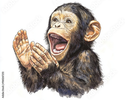 Infant chimpanzee clapping joyfully wildlife sanctuary animal natural habitat close-up playful emotion photo