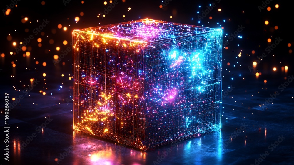 Fototapeta premium Glowing neon cube with particles.