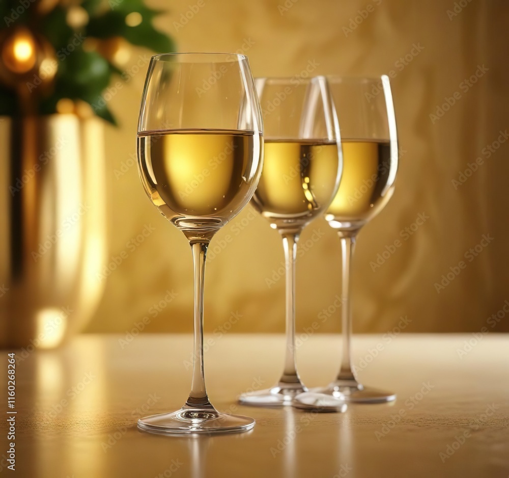 Elegant wine glasses filled with white wine on a glowing golden backdrop, golden, drink, backdrop, party, luxury Elegant wine glasses filled with white wine on a glowing golden backdrop, golden, drink, backdrop, party, luxury