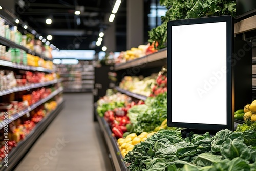 Bright grocery aisle filled with fresh produce and blank signage