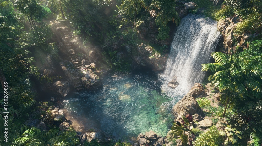 Serene Waterfall Cascading in Lush Tropical Landscape Serene Waterfall Cascading in Lush Tropical Landscape