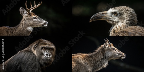 A dynamic collage of wildlife featuring deer, gorilla, eagle, and more, emphasizing their unique traits and expressions. photo