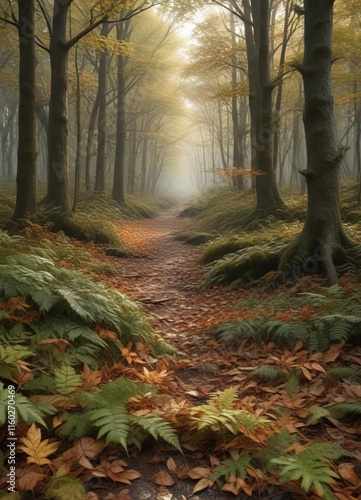 Forest floor covered in fallen hornbeam leaves and ferns, forest, nature photo