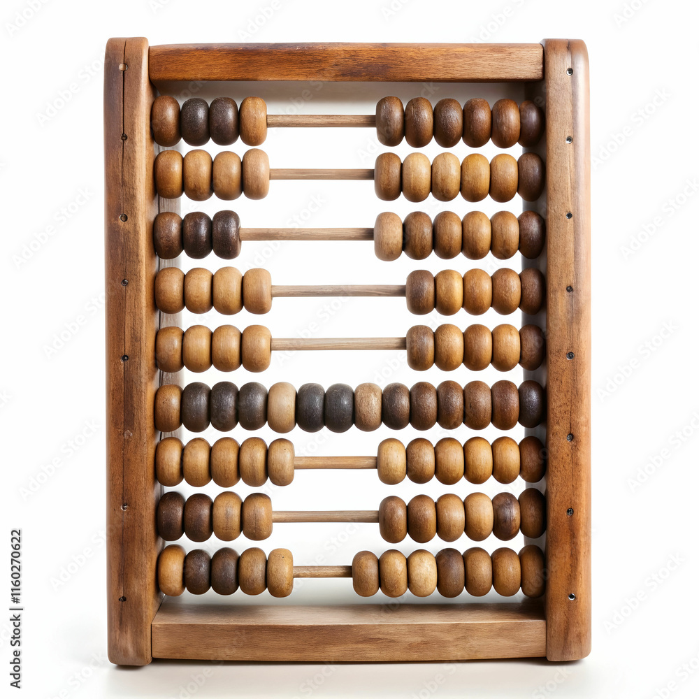 An old wooden abacus with colorful beads, set against a white background, ideal for historical, educational, An old wooden abacus with colorful beads, set against a white background, ideal for historical, educational,
