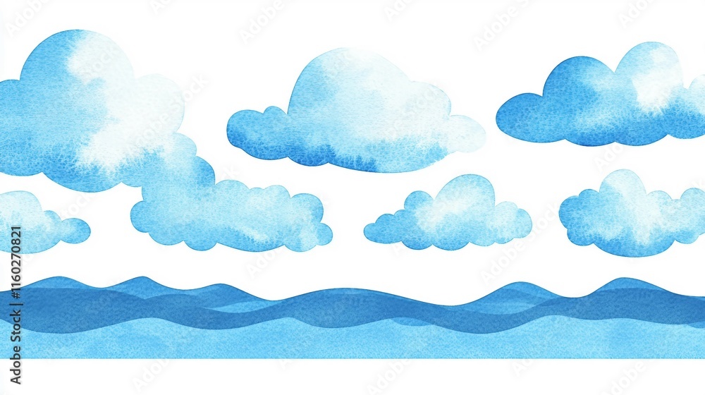 Serene Blue Sea and Sky with Soft Clouds and Gentle Waves Serene Blue Sea and Sky with Soft Clouds and Gentle Waves
