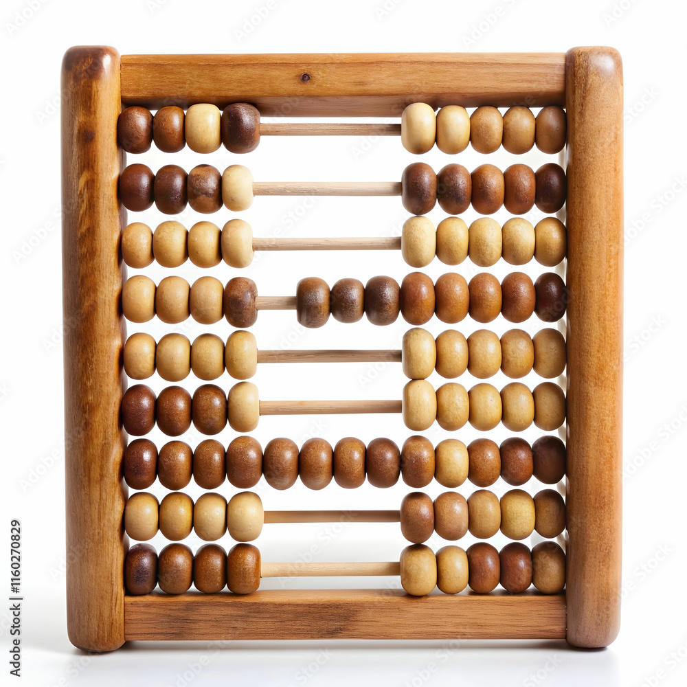 An old wooden abacus with colorful beads, set against a white background, ideal for historical, educational, An old wooden abacus with colorful beads, set against a white background, ideal for historical, educational,