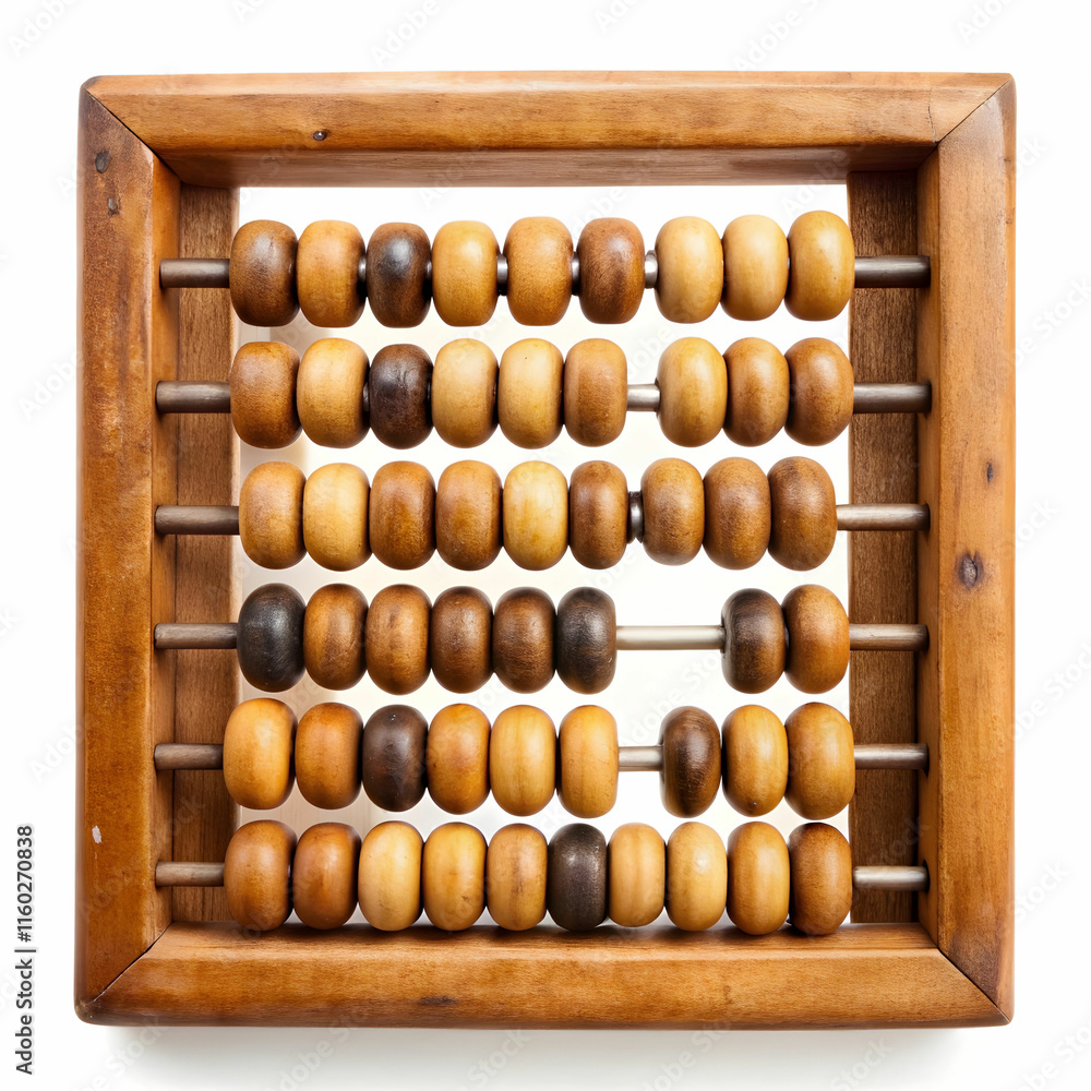 An old wooden abacus with colorful beads, set against a white background, ideal for historical, educational, An old wooden abacus with colorful beads, set against a white background, ideal for historical, educational,