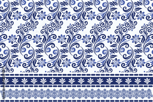 blue seamless floral pattern with vintage arabesque borders for bohemian textile prints elegant wallpaper designs summer fashion and ornamental carpet patterns