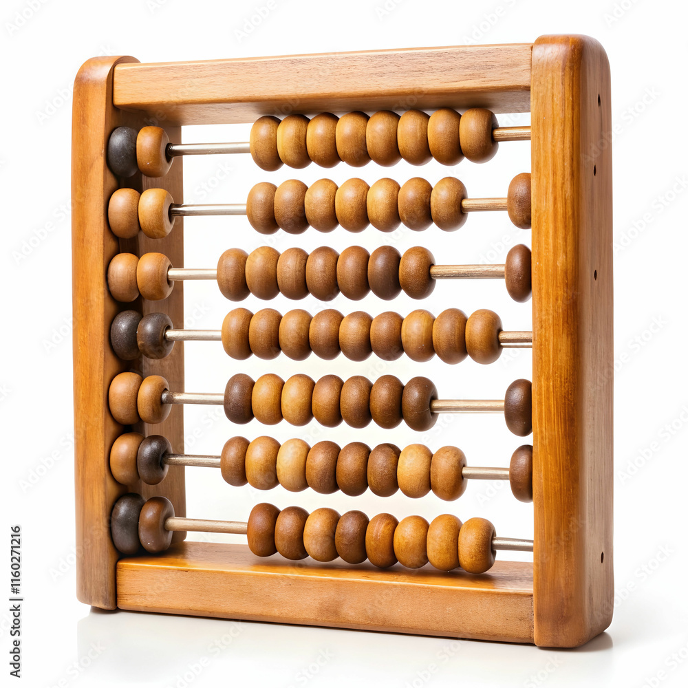 An old wooden abacus with colorful beads, set against a white background, ideal for historical, educational, An old wooden abacus with colorful beads, set against a white background, ideal for historical, educational,