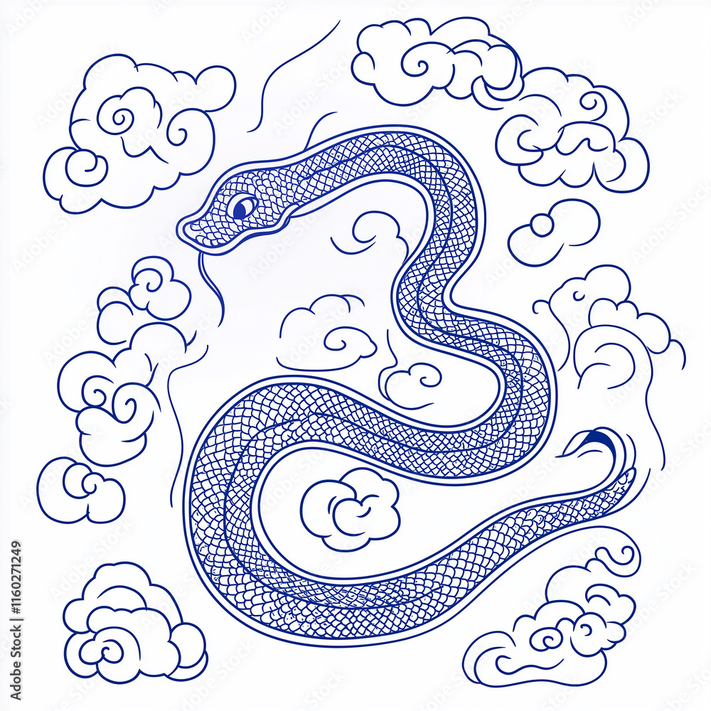 Fototapeta premium Snake illustration suitable for New Year's card in 2025, blue snake, Chinese zodiac, 12 zodiac, Year of the snake, New Year's card, Season's card, blue snake, Korea, Japan