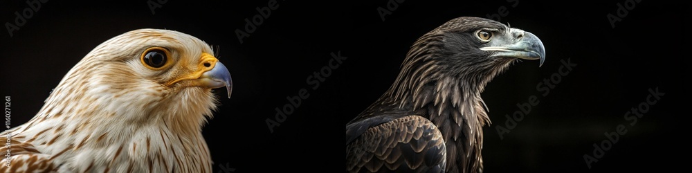 Obraz premium Two stunning eagles in profile, emphasizing their majestic features and striking details.