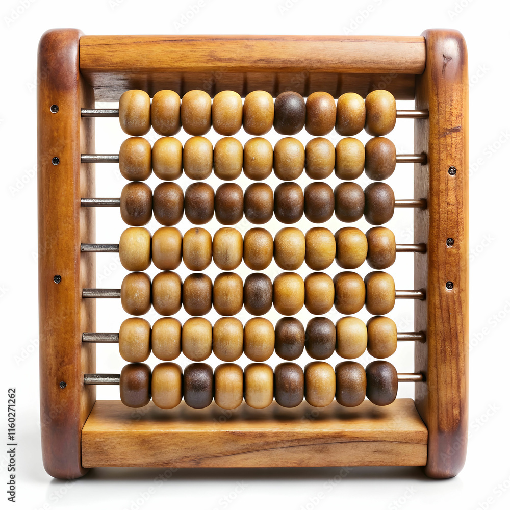 An old wooden abacus with colorful beads, set against a white background, ideal for historical, educational, An old wooden abacus with colorful beads, set against a white background, ideal for historical, educational,
