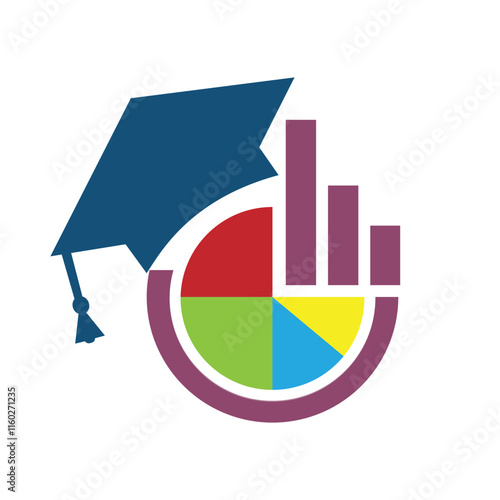 The image shows a flat logo design of a pie chart and graph bar combined with a toga hat that looks clean on a white background