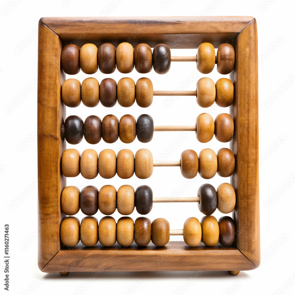 An old wooden abacus with colorful beads, set against a white background, ideal for historical, educational,
