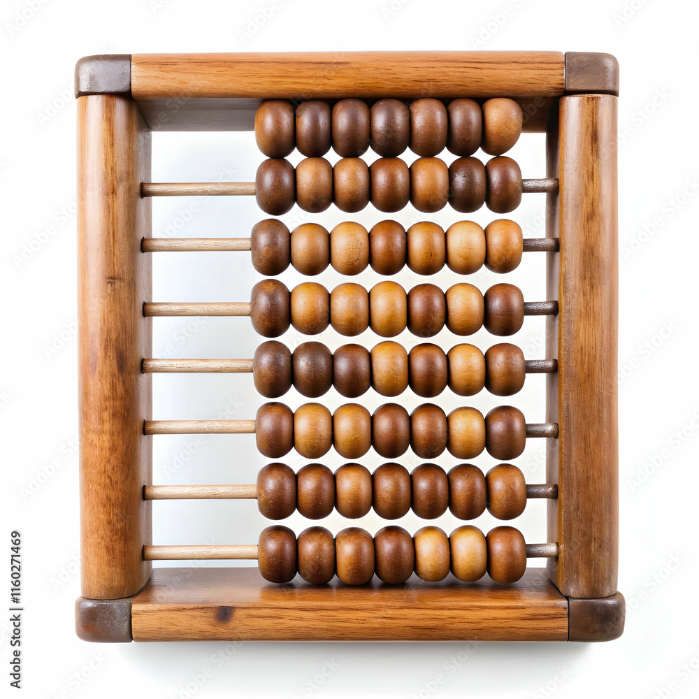 An old wooden abacus with colorful beads, set against a white background, ideal for historical, educational, An old wooden abacus with colorful beads, set against a white background, ideal for historical, educational,