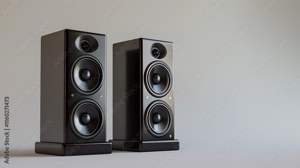 Fototapeta premium A pair of sleek computer speakers with modern design, photographed on a white background