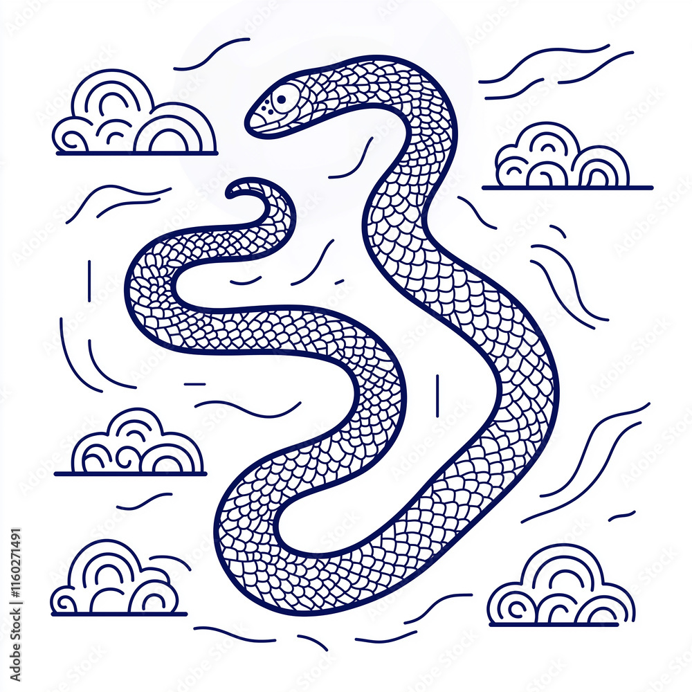 Fototapeta premium Snake illustration suitable for New Year's card in 2025, blue snake, Chinese zodiac, 12 zodiac, Year of the snake, New Year's card, Season's card, blue snake, Korea, Japan