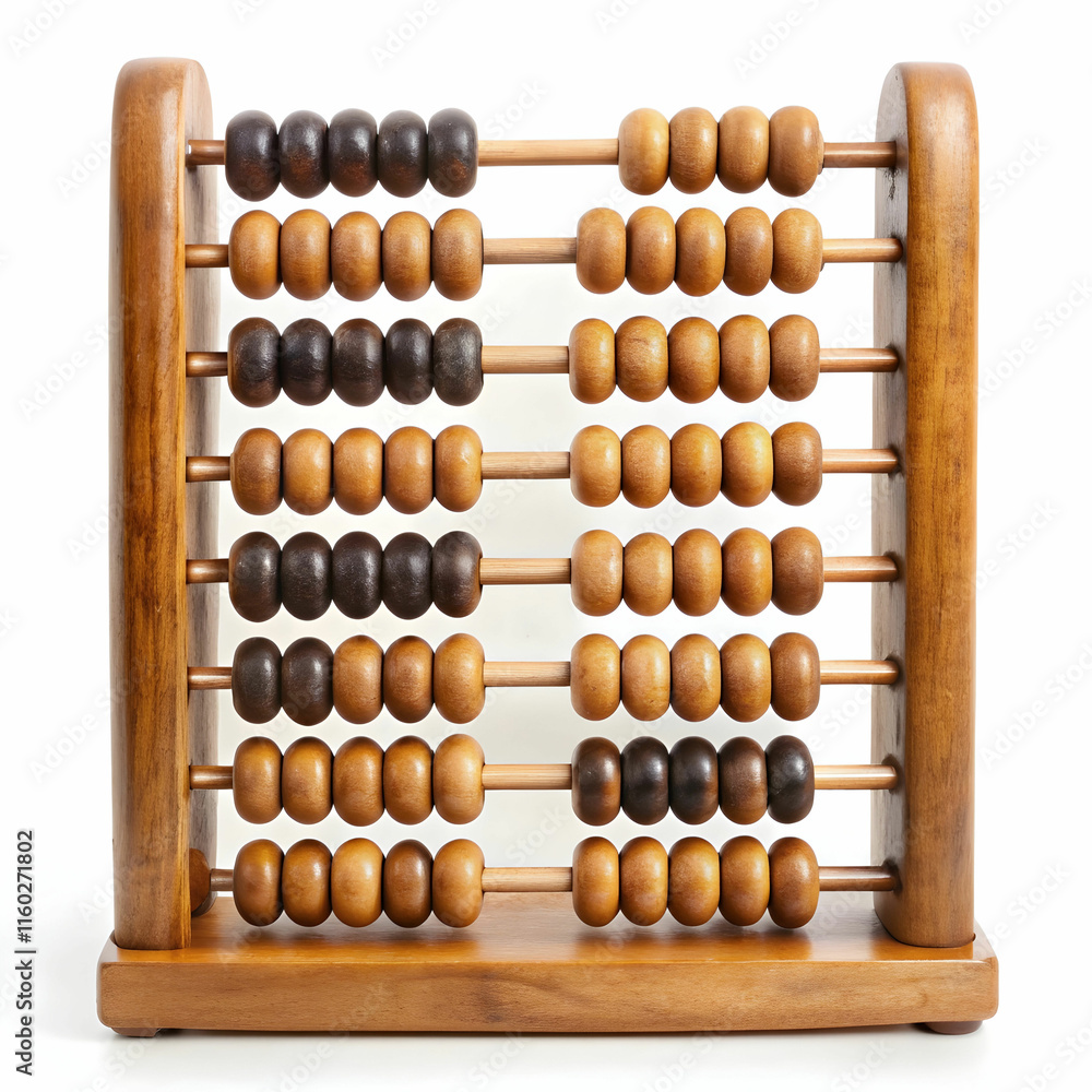 An old wooden abacus with colorful beads, set against a white background, ideal for historical, educational, An old wooden abacus with colorful beads, set against a white background, ideal for historical, educational,