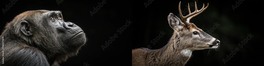 A striking image of a gorilla and a deer, showcasing their thoughtful expressions against a dark background. A striking image of a gorilla and a deer, showcasing their thoughtful expressions against a dark background.