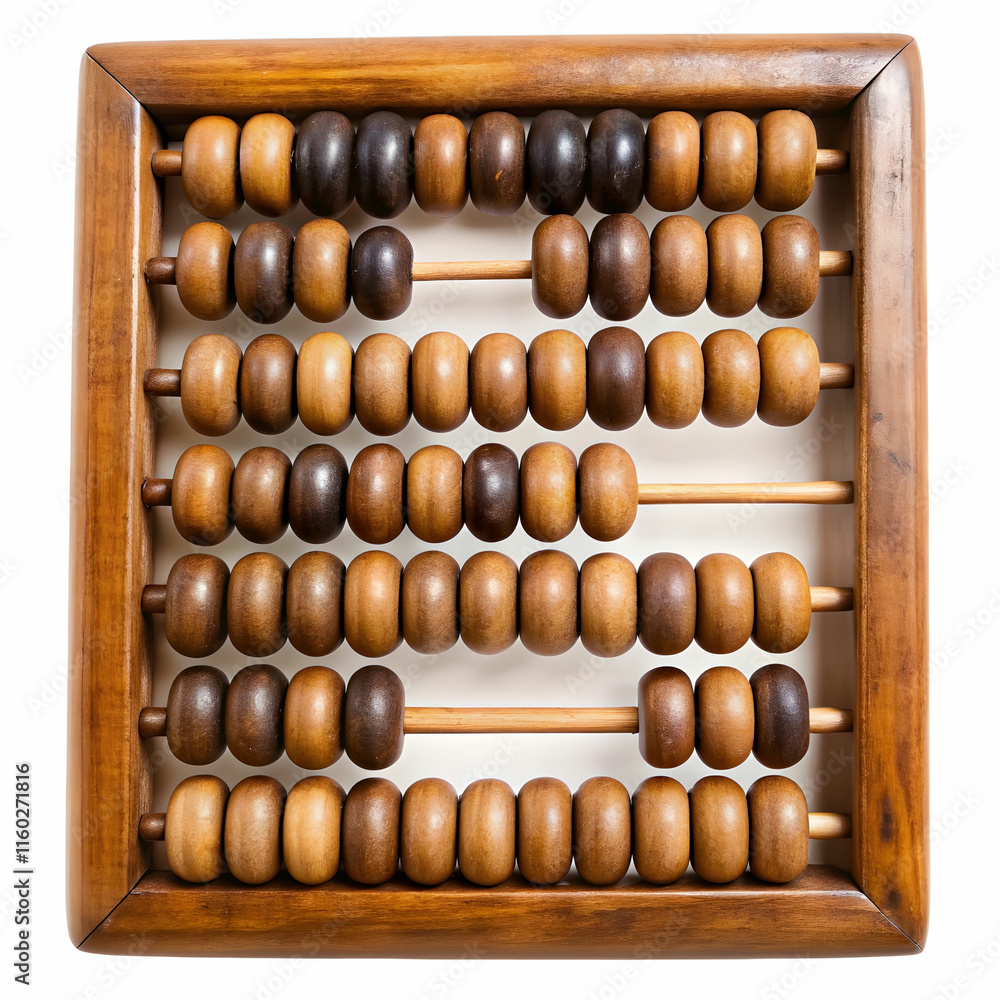 An old wooden abacus with colorful beads, set against a white background, ideal for historical, educational, An old wooden abacus with colorful beads, set against a white background, ideal for historical, educational,