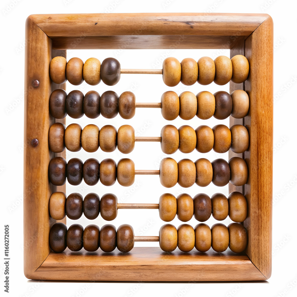 An old wooden abacus with colorful beads, set against a white background, ideal for historical, educational, An old wooden abacus with colorful beads, set against a white background, ideal for historical, educational,